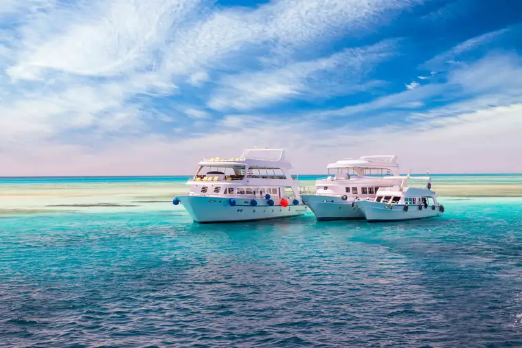 Fishing boats moored at a harbour in northern Qatar